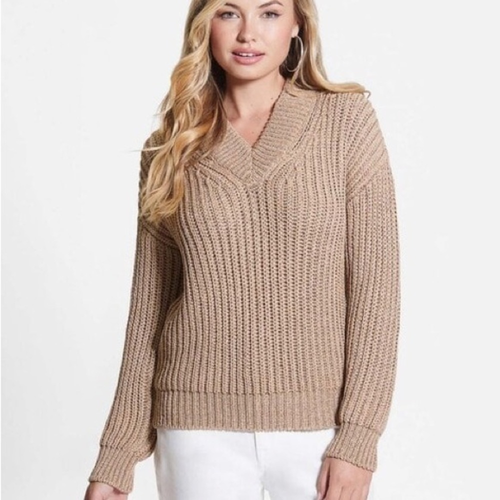 GUESS Dirty Lurex Metallic Cut-Out Neck Sweater Gold Shimmer Size Medium NWT